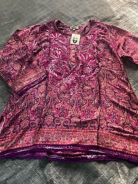 Dolma XL Boho Embroidered Tunic Top NWT Pink Purple Paisley Silk Blend India